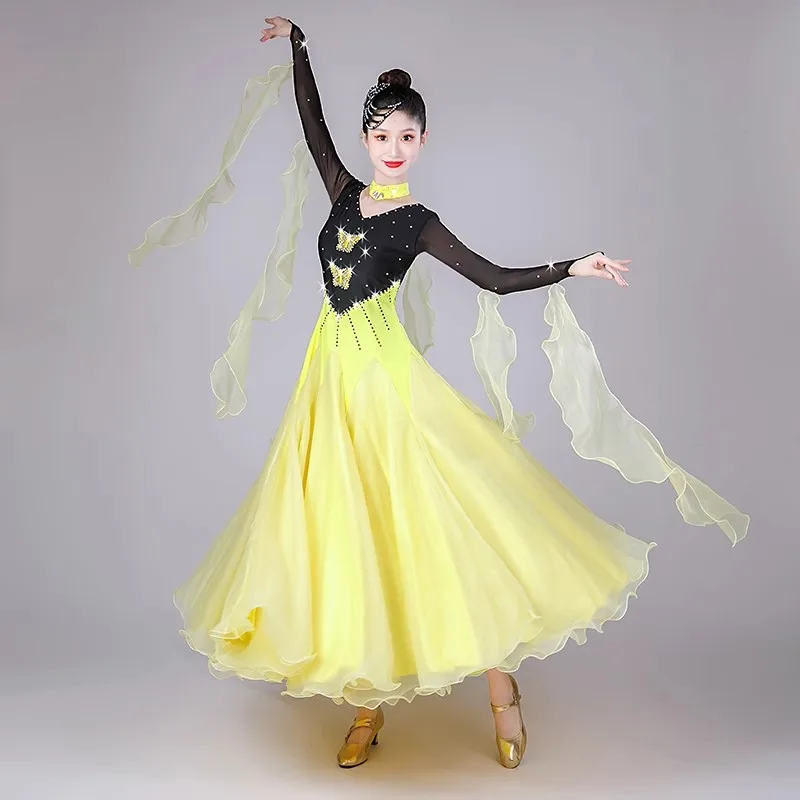 여성용 볼룸 댄스 드레스 공연용 모던 댄스 의상 긴 소매 빅 스윙 탱고 왈츠 표준 의류