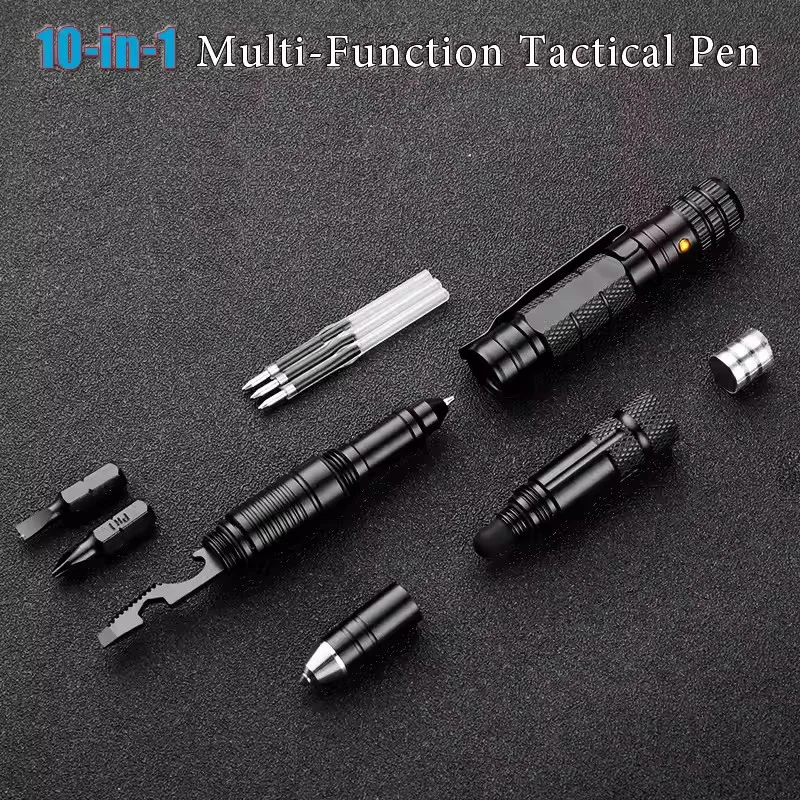 10-In-1 Self Defense Tactical Pen Outdoor Survival EDC Tool Opener Window Breaker Screwdriver Bottle Emergency Flashlight Gift