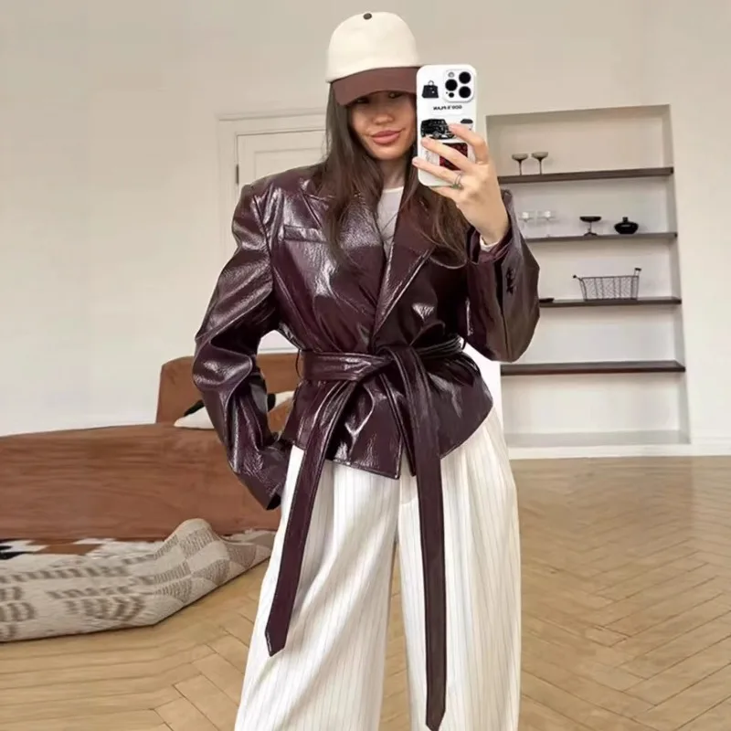 

European and American Women's Clothing Retro and Old Fashion Lapel Imitation Leather Jacket Jacket