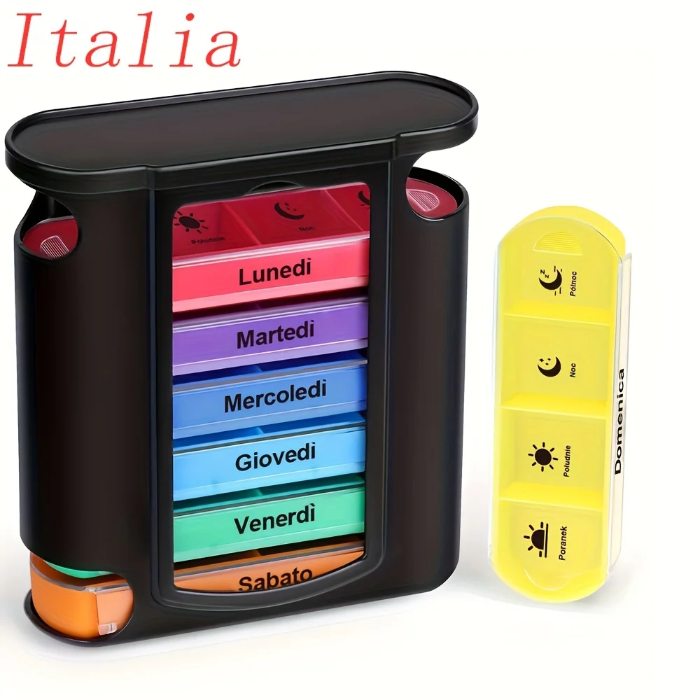 [Printed in Italy] Weekly Pill Organizer, 7 Stackable Compartments Four Times-a-Day - Morning, Noon, Evening, and Bedtime