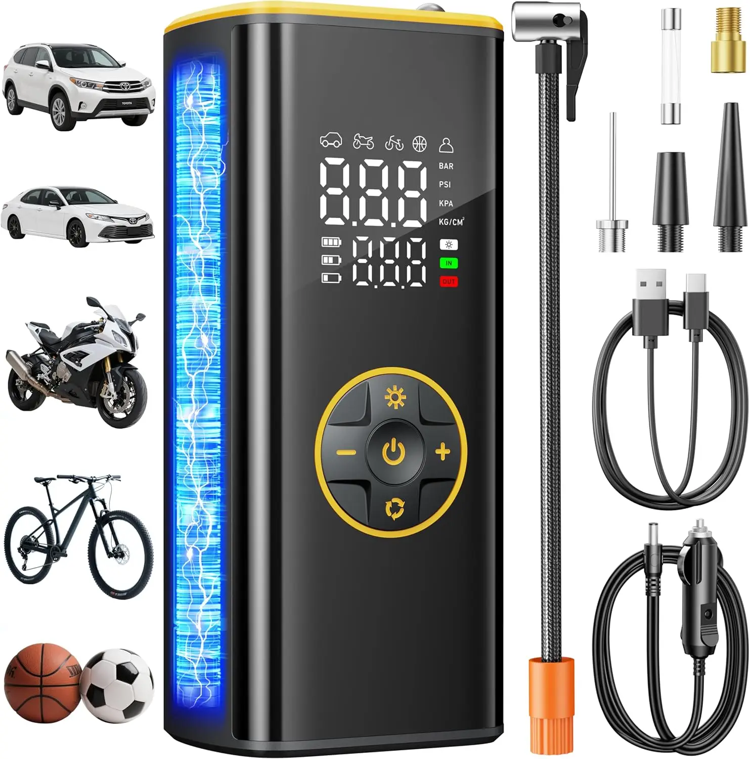 

Tire inflator with digital pressure gauge and automatic power-off function, equipped with battery and 12V car adapter