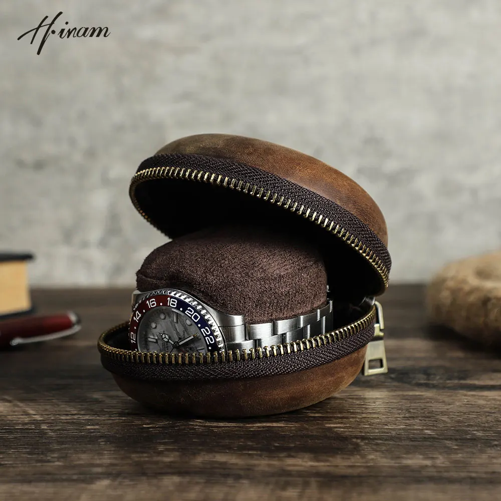 Vintage Handmade 100% Genuine Leather Single Slot Donut Shape Watch Case Travel Storage and Display Box with Removable Pillow