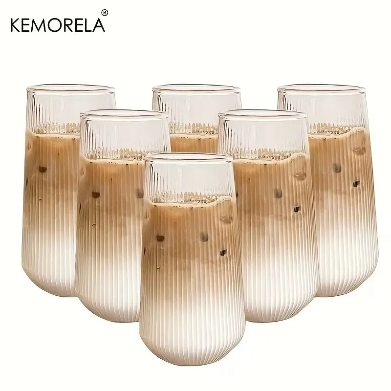 KEMORELA 4/6PCS Heat-Resistant Vertical Stripes Clear Coffee Glass Water Cup Milk Beer Juice Tea Cup Drinking Cup Kitchen Party