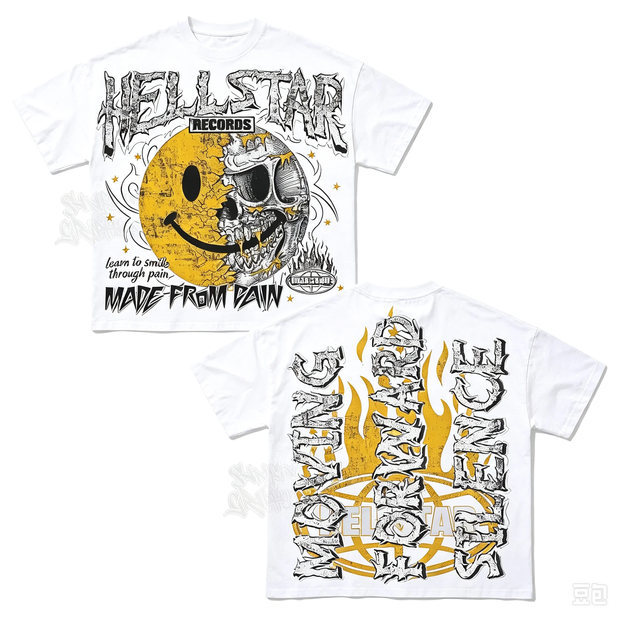 2026 Black Oversized T-shirt, Front Retro Distressed Skull Smile Graphic & Back Flame Letter Print Hip Hop Unisex Streetwear Tee