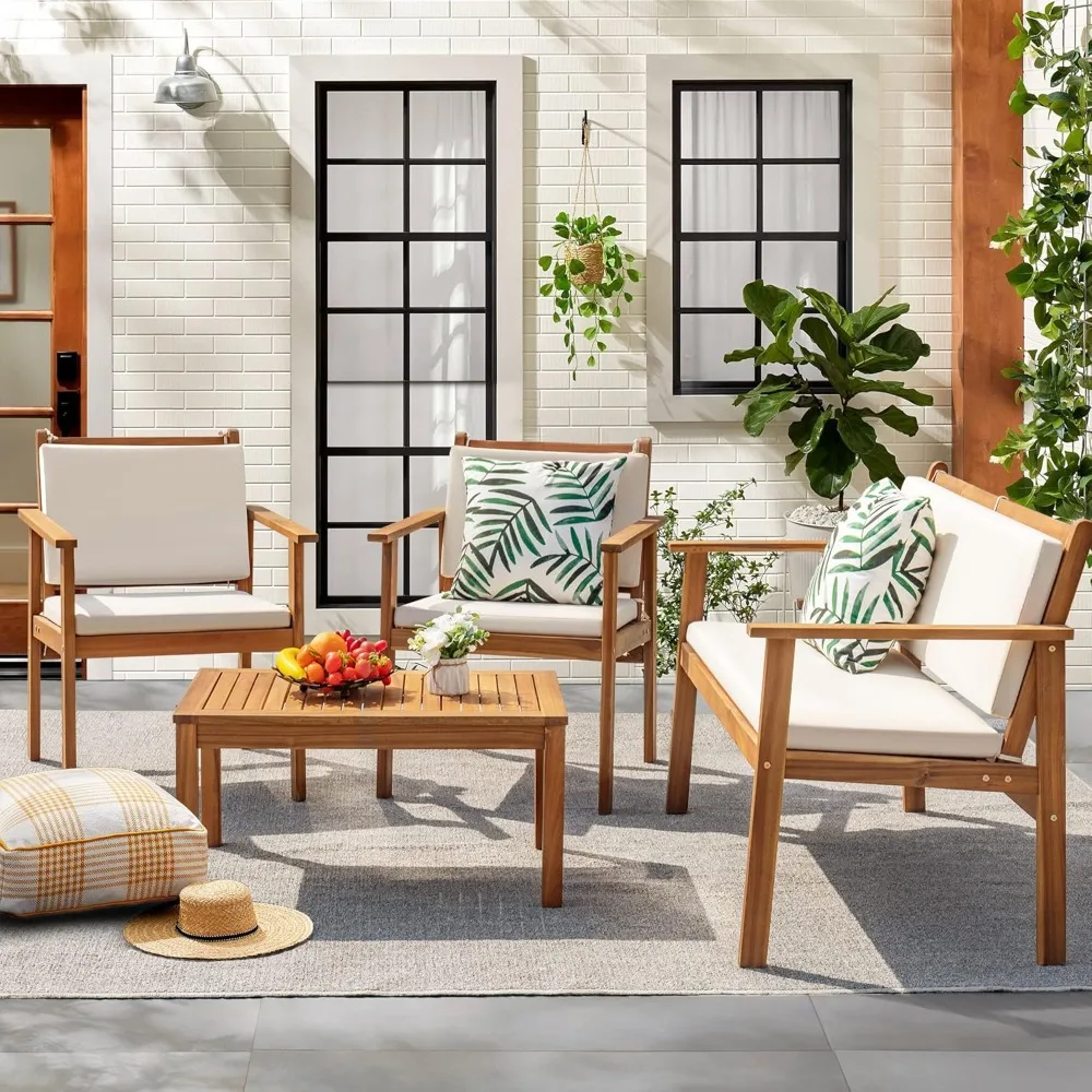 4 Piece Outdoor Acacia Wood Patio Conversation Sofa Set with Table & Cushions Porch Furniture for Deck, Balcony, Backyard