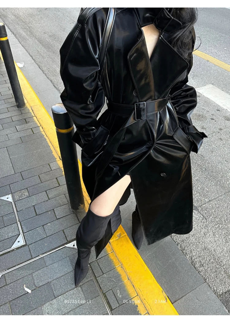 Lautaro Spring Autumn Extra Long Oversized Cool Reflective Shiny Black Patent Leather Trench Coat for Women Belt Runway Fashion