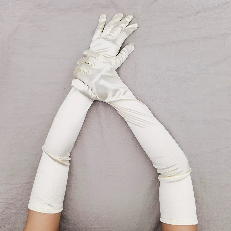 Fashion Satin Women Elastic Extened Length Wedding Etiquette Gloves Lady Cosplay Perform Pole Dance Policewoman Uniform Mittons