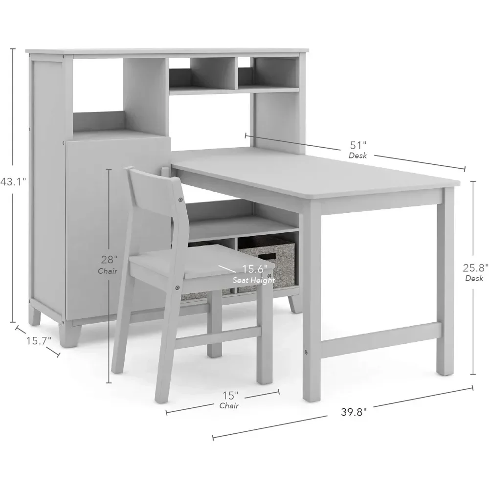 Children's Desk with Desk and Chair (Grey) - Wooden Cube Storage Organizer for Home Schools, Children's Learning Desk