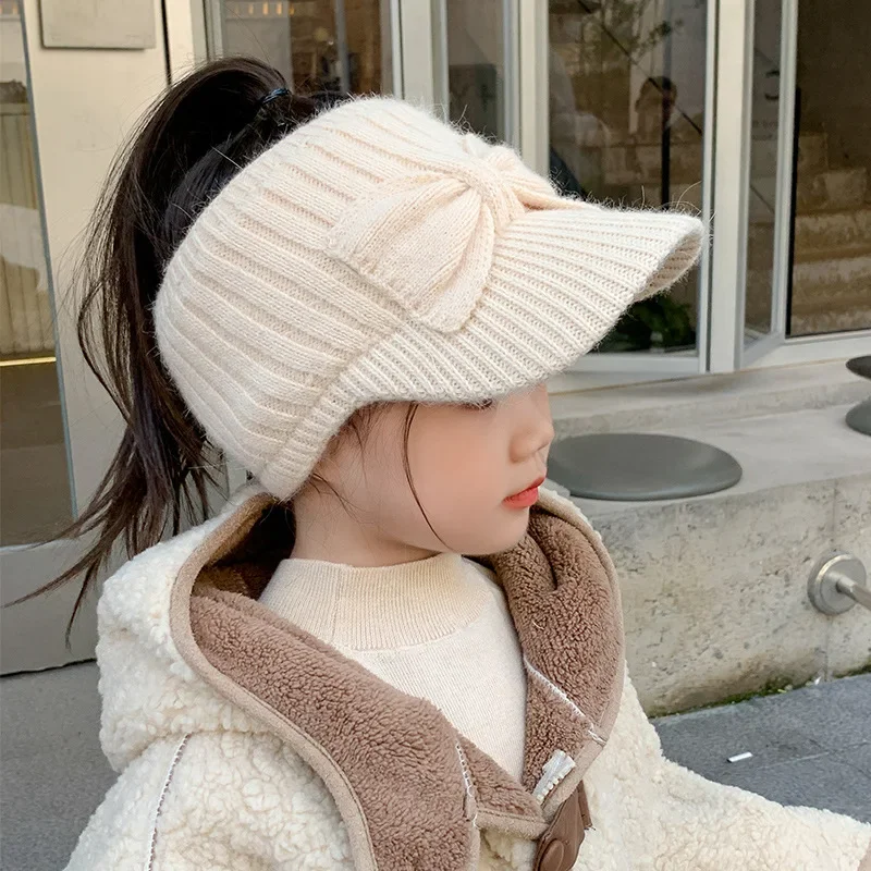 Empty Top Ear Protection Woolen Hat Baby Girl Bow Knitted Duckbill Hats 3-10year Kids Winter Warm Earmuffs Cap Children Beanies