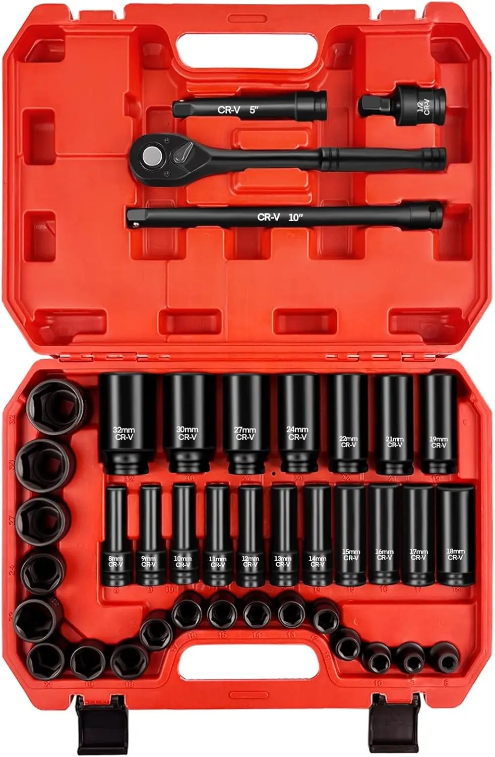 

40Pcs 1/2" Drive Impact Socket Set, Metric 8-32mm Deep & Shallow, Ratchet Handle, Extensions & Universal Joint