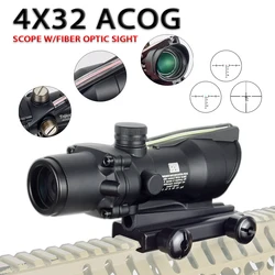 Tactical 1x32 4X32 ACOG Real Fiber Optics Hunting Riflescope Red Dot Illuminated Magnifier Aiming Sight Scope Gun Boresighter