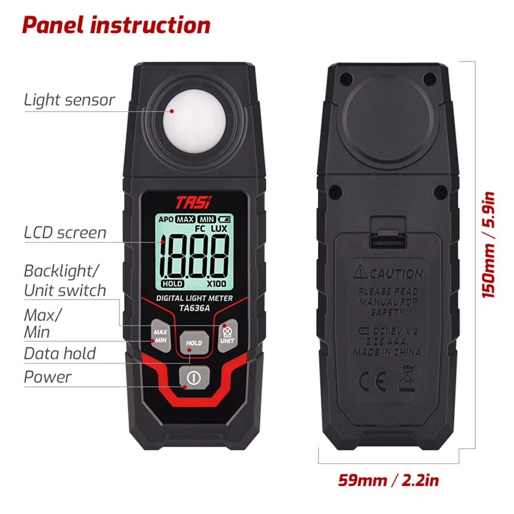 TA636A Light Meter 200000 Lux Digital Illuminance Meter Handheld Lux Meter Illuminometer Photometer