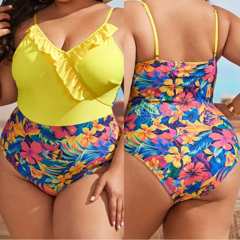 

2025 Plus Size Women's Digital Print Ruffle Trim Push-Up Monokini Wireless
