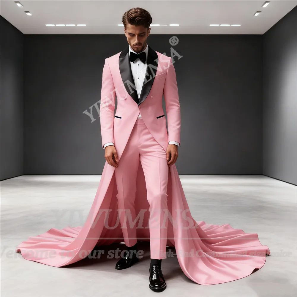 

Элегантные черные костюмы с шалью и лацканами, мужские длинные индивидуальные комплекты из 2 предметов, свадебные смокинги для жениха, куртка, брюки, облегающие Trajes Para Hombre