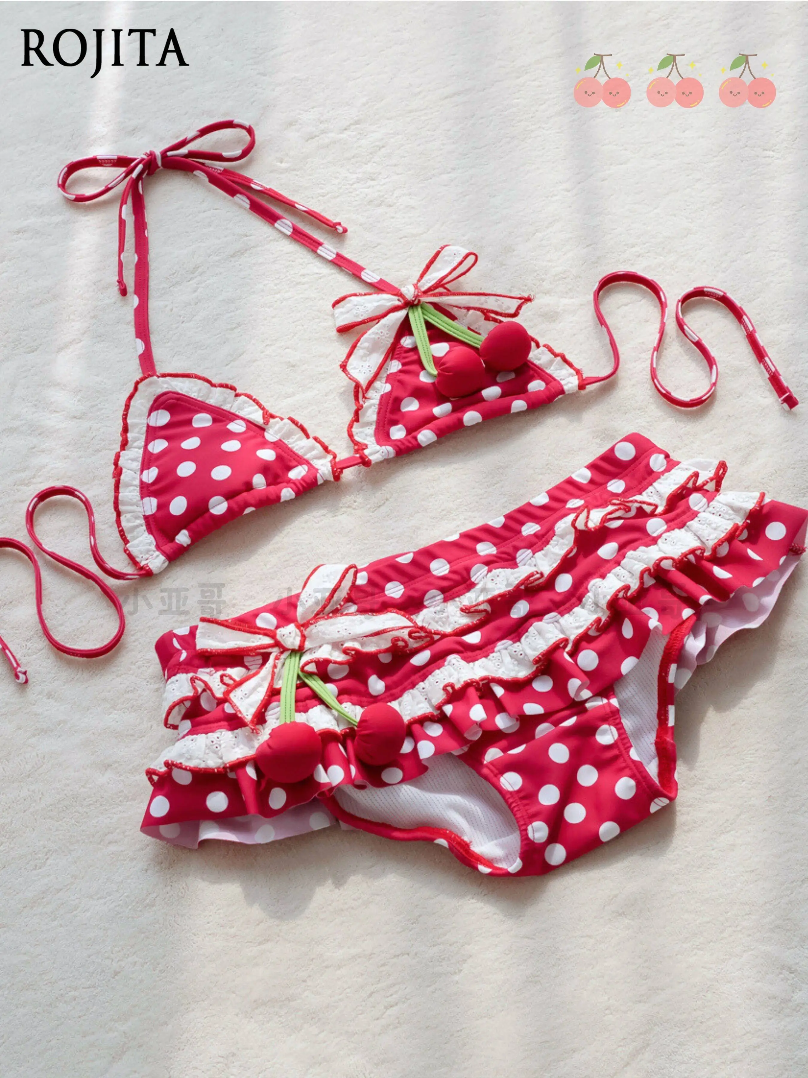 Red Polka Dot Bikini Set with Cherry Bikini Swimsuit Girl Hot Spring Vacation Cute Lolita Style Ruffled Swimwear for Women