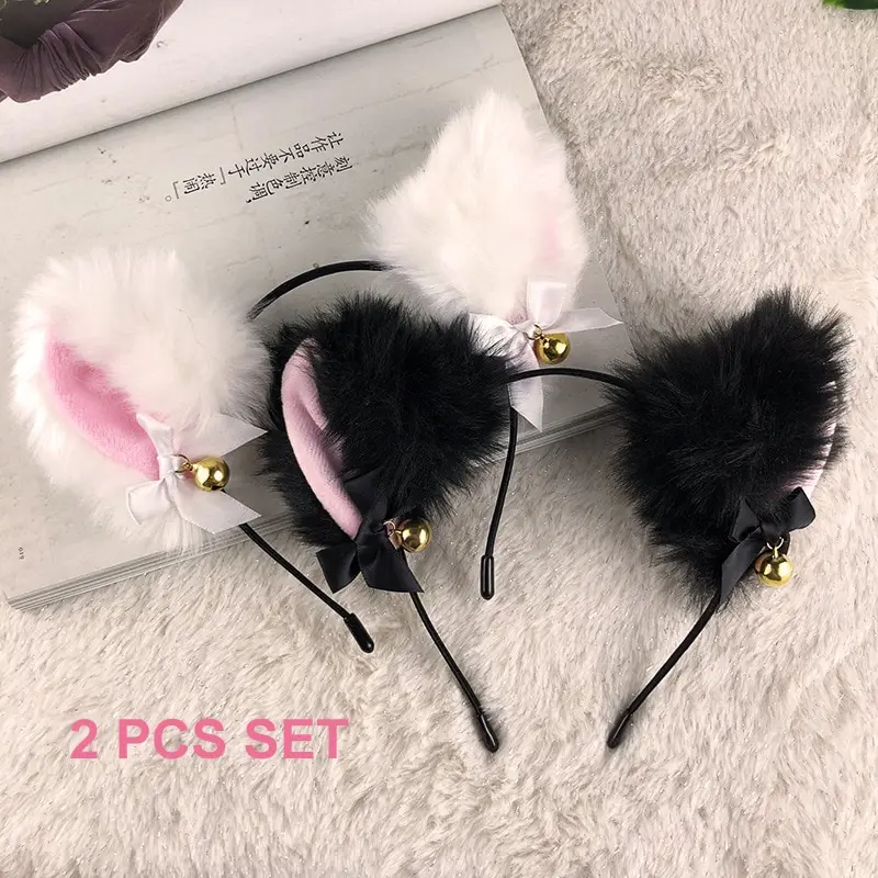 Black and White 2Pcs Set New Cos Internet Popular Bell Headband Fox Cat Ear Headwear Hairband