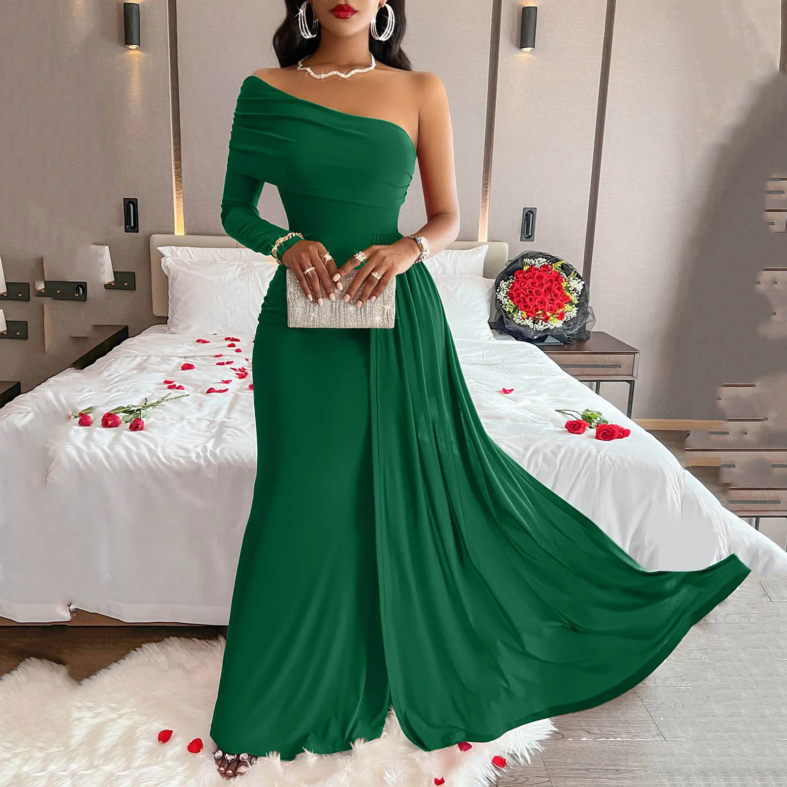 فستان سهرة رسمي بكتف واحد للنساء بشريط أنيق لحفلات الزفاف فستان ماكسي للضيوف ملابس نسائية بلاكلي نسائي 2025