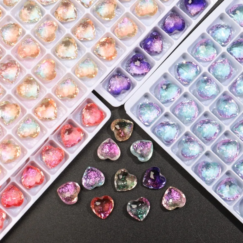 

10Pcs/Pack Starry Sky 10mm Heart Nail Gems - Tourmaline Glass Rhinestones, Iridescent Crystal Nail Art for Luxe Manicures
