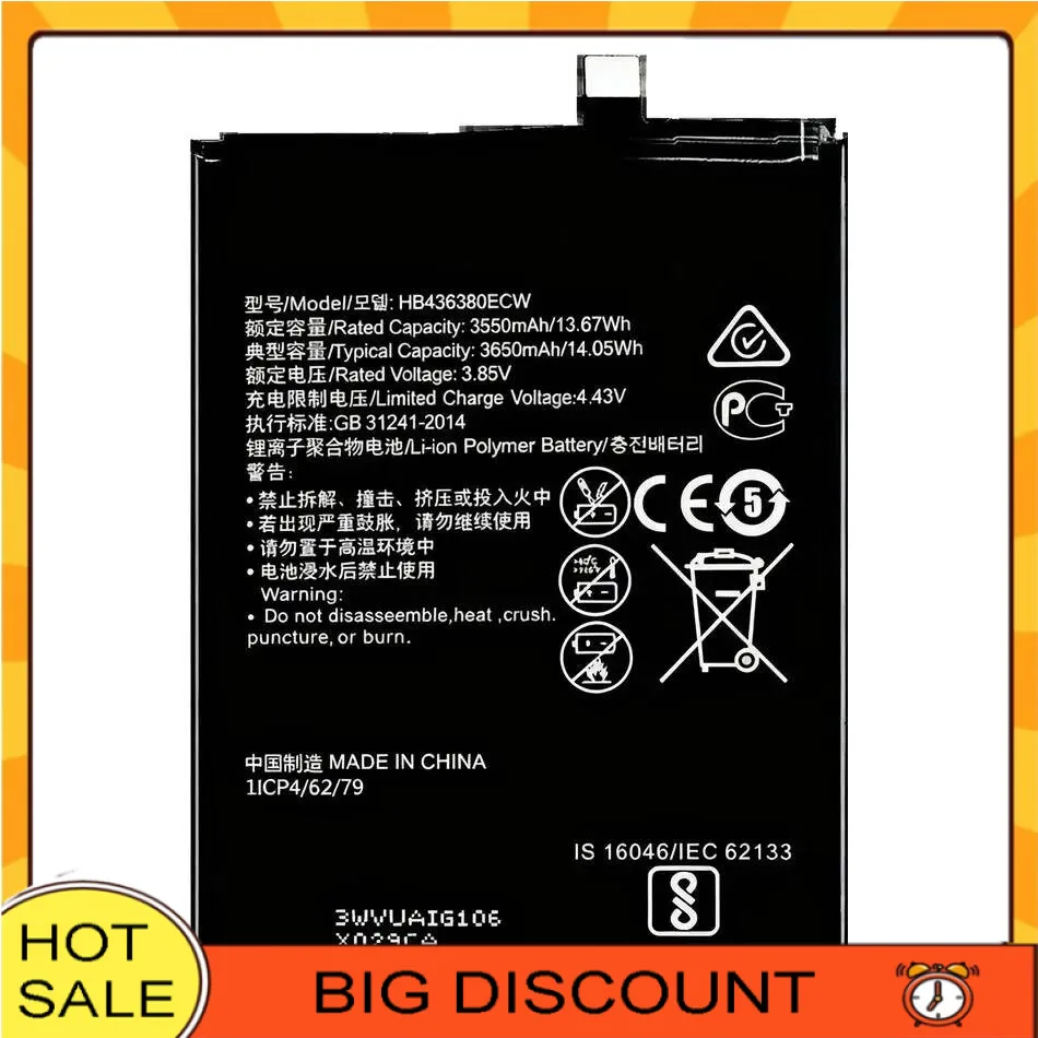 

Premium Replacement 3650Mah HB436380ECW For Huawei P30 Ele-L09 Ele-L29 Ele-AL00 Ele-TL00 Mobile Phone Battery