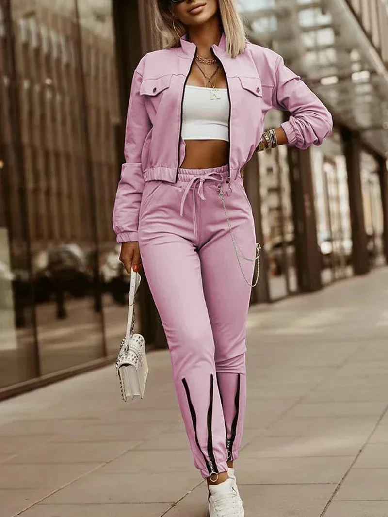 Streetwear 2 Piece Sets Women Outfit Spring Clothing Solid Zip Fly Jacket Crop Top and Pants Sets Tracksuit Women Two Piece Set