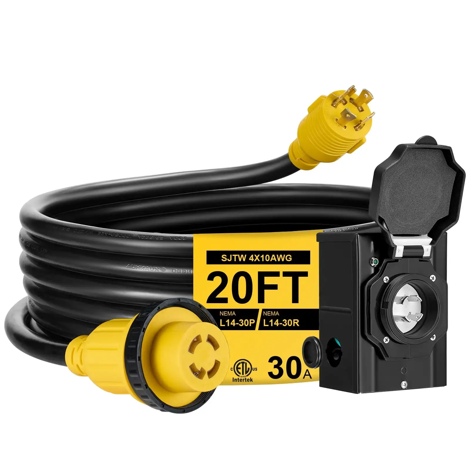 

20FT 30 Amp Generator Cord with Pre-Drilled Power Inlet Box, Heavy Duty Generator Power Cord Home/RV Power Supply