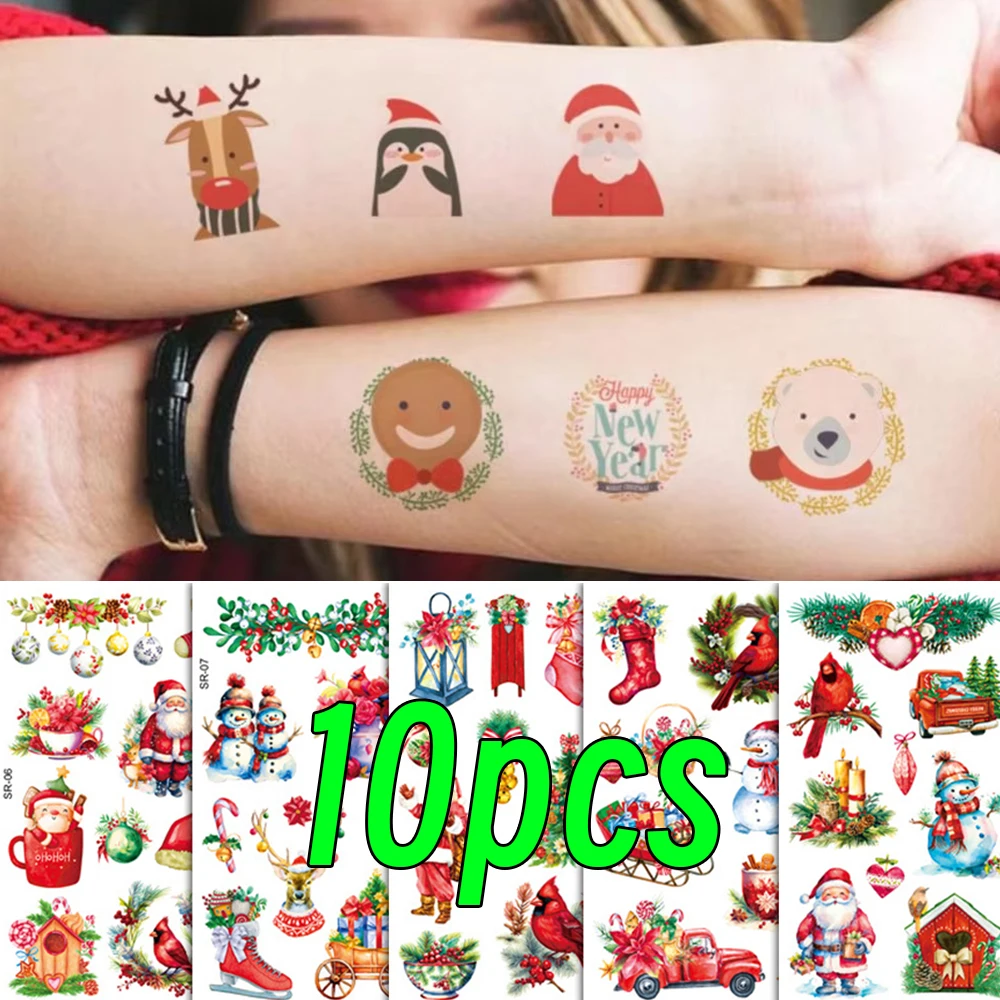 Waterproof Christmas Tattoo Sticker Cartoon Cute Face Body Temporary Tattoo Stickers Stocking Gifts Party for Kid Makeup 10sheet