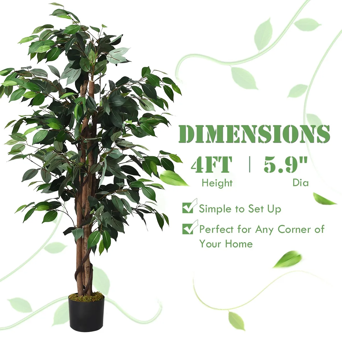 4 Feet Artificial Ficus Silk Tree Wood Trunks Christmas In/Outdoor Home Dcor