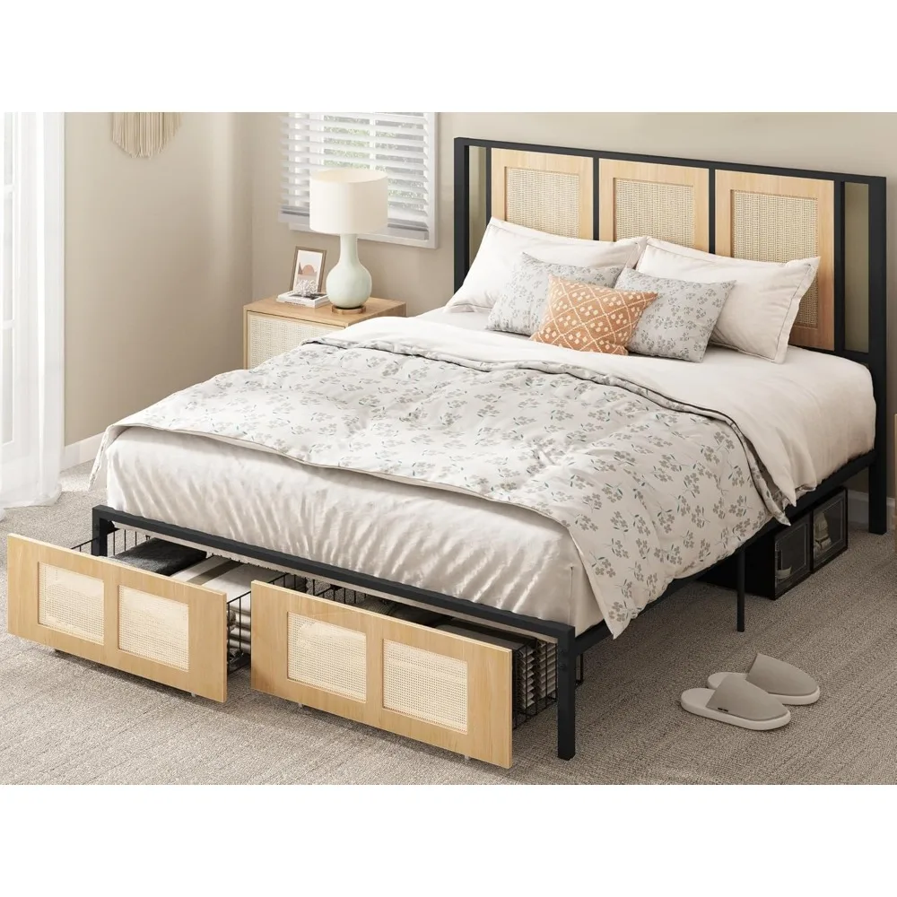 YITAHOME Natural Rattan Bed Frame Queen Size Headboard & Footboard with 2 Storage Drawers, Boho Cane Platform Bed with Strong Me