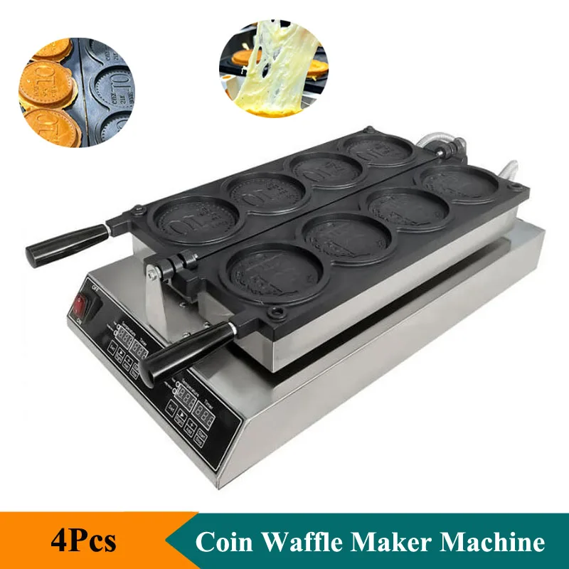 Digital Display 10 Won Gold Coin Waffle Maker Commerical Gold Coin Waffle Machine 4Pcs Cheese Bread Round Shape Waffle Machine