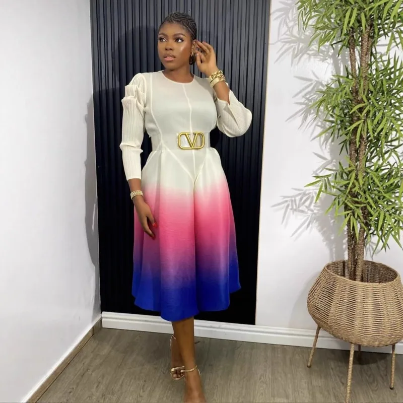 Miyake New Pleated Fashion Round Neck Lantern Sleeve Waist Slim Gradient Color Women's Dresses African Prom Stretch Long Dresses