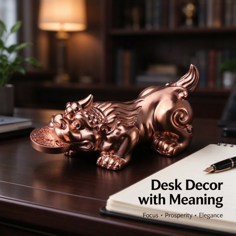 Pixiu Statue Vintage Red Copper Figurine Holding Coin Chinese Mythical Beast Feng Shui Desktop Ornament Home Office Decor Gift