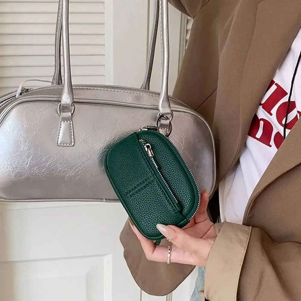 카드 홀더 PU 가죽 미니 지갑 주최자 키 케이스 지퍼 동전 지갑 솔리드 컬러 한국 스타일 손목 키 가방 학생