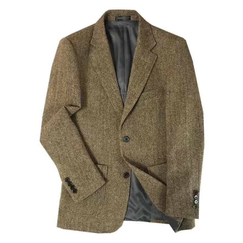 Men's Suit Brown Herringbone Blazer Prom Tuxedos Wool Tweed Single Breasted Two Buttons Bussiness/Wedding Jacket (Only Coat)