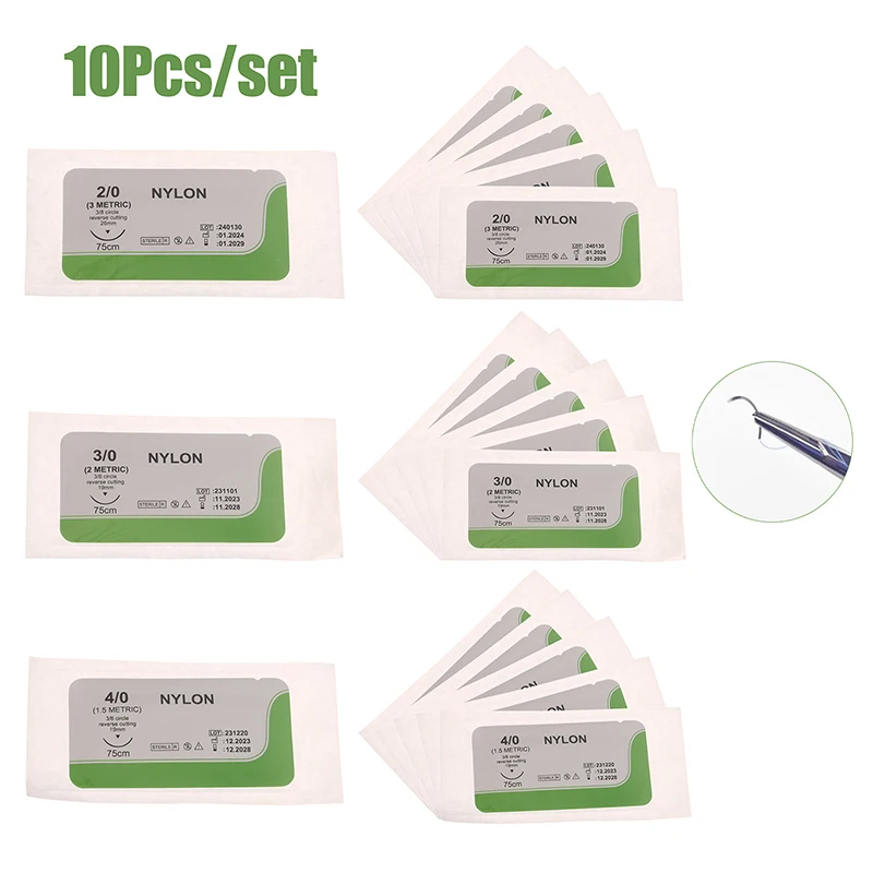 

- 10Pcs 2.0/3.0/4.0 Silk Nylon Monofilament Medical Thread Needle Surgical Suture Training Thread Suture Practice Kit -