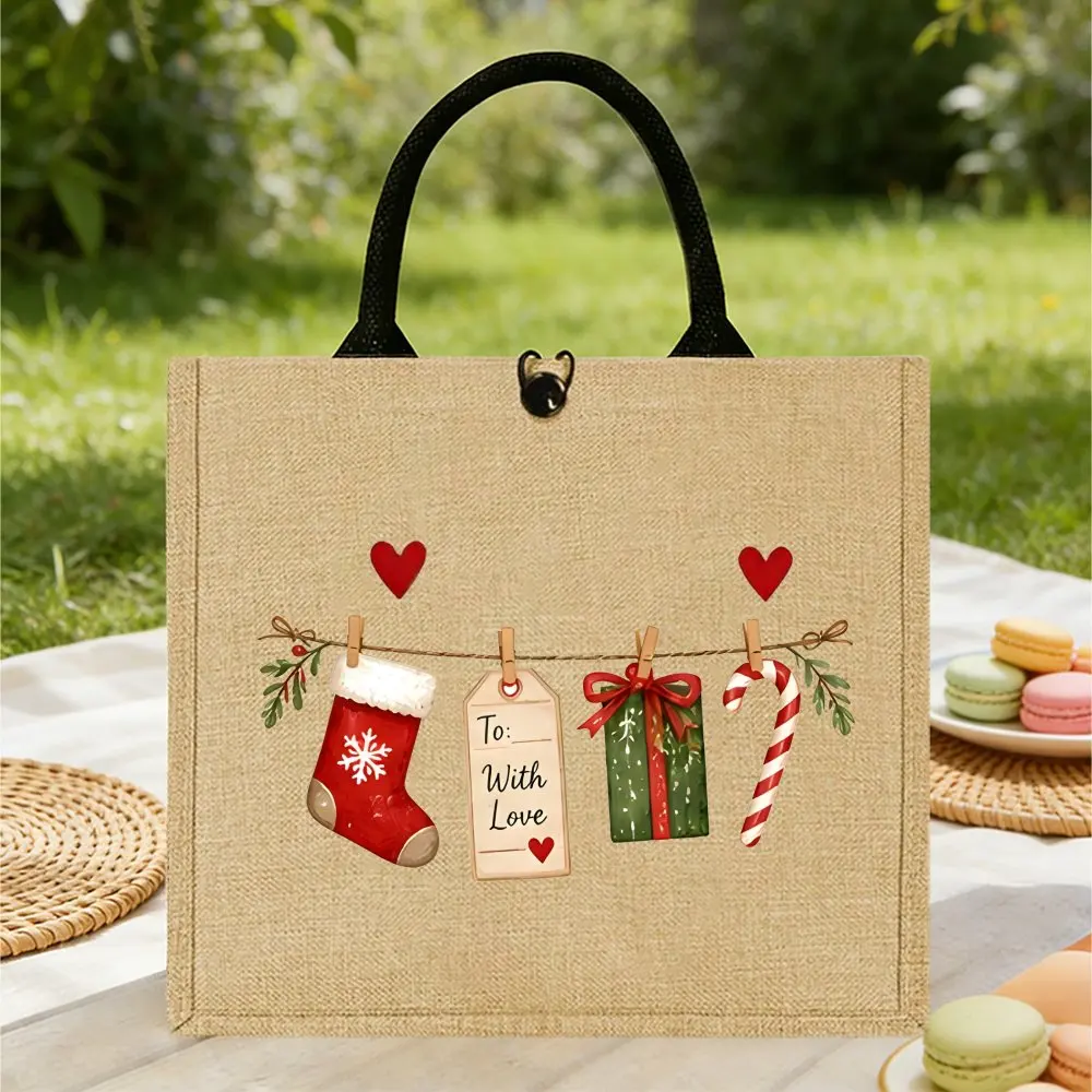 Cute Christmas Hanging Stocking & Candy Cane Jute Tote Bag, Xmas Holly Heart Pattern Shoulder Bag, Casual Daily Shopping Handbag 3
