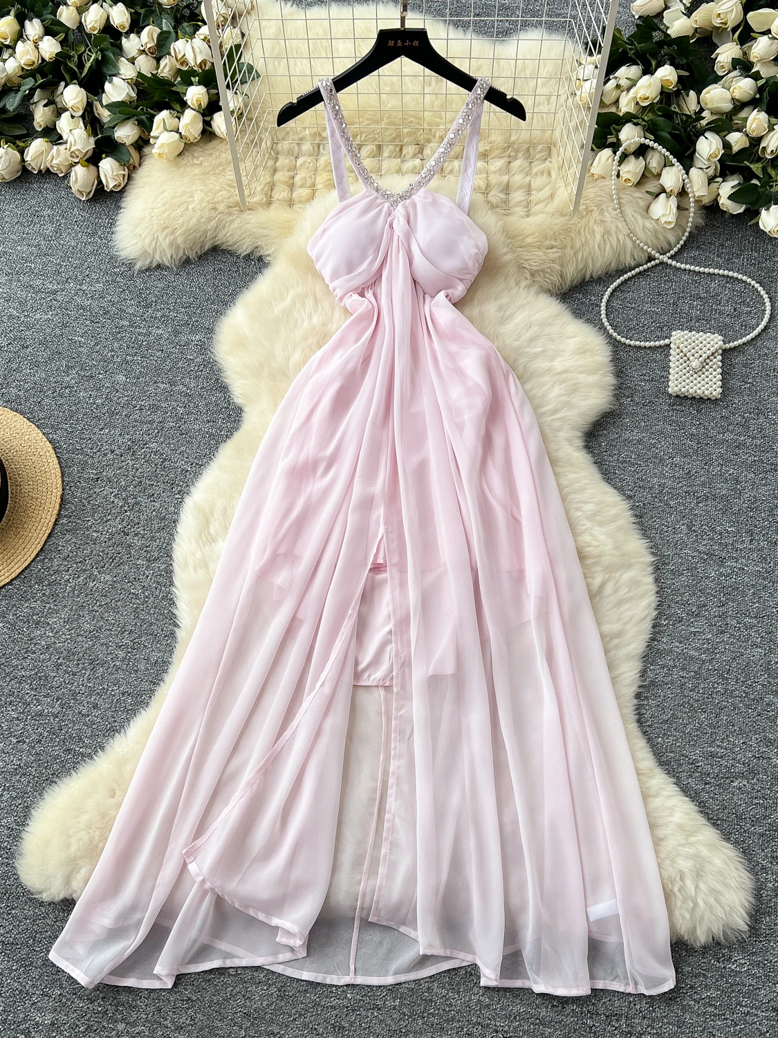 Frauen Sexy Rosa Strand Kleid Sommer V-ausschnitt Chiffon Boho Lange Kleider Damen Schlank Aline Ärmellose Party Lange Robe Vestidos