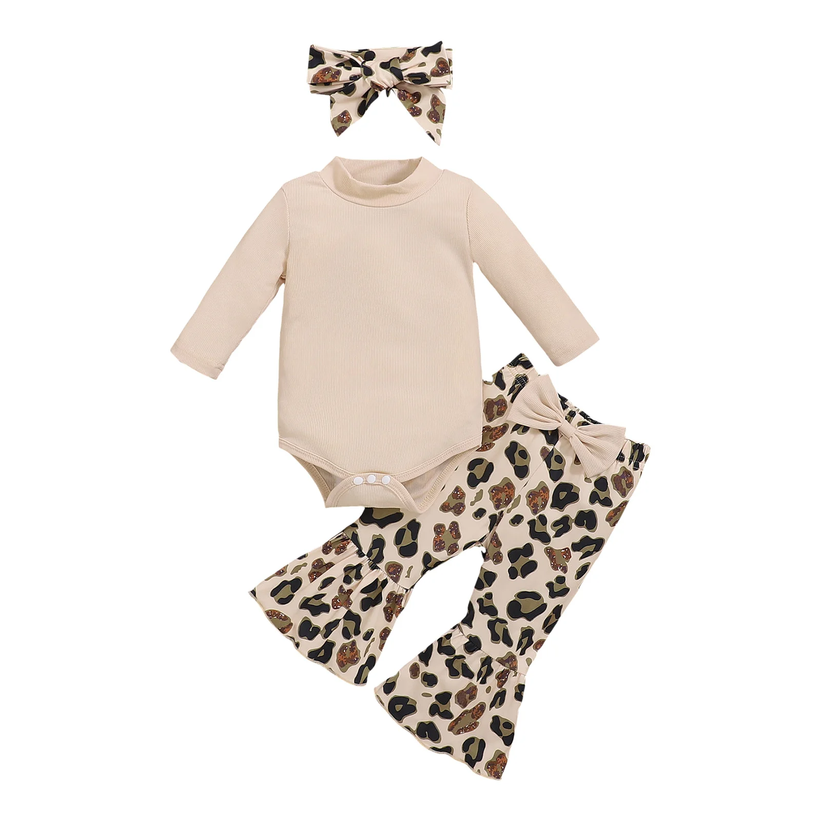 

Two Piece for Baby Girls Boys And Girls Long Sleeved Small Stand Up Top Leopard Print Bell Bottom Pants Fashionable Three 3 Girl