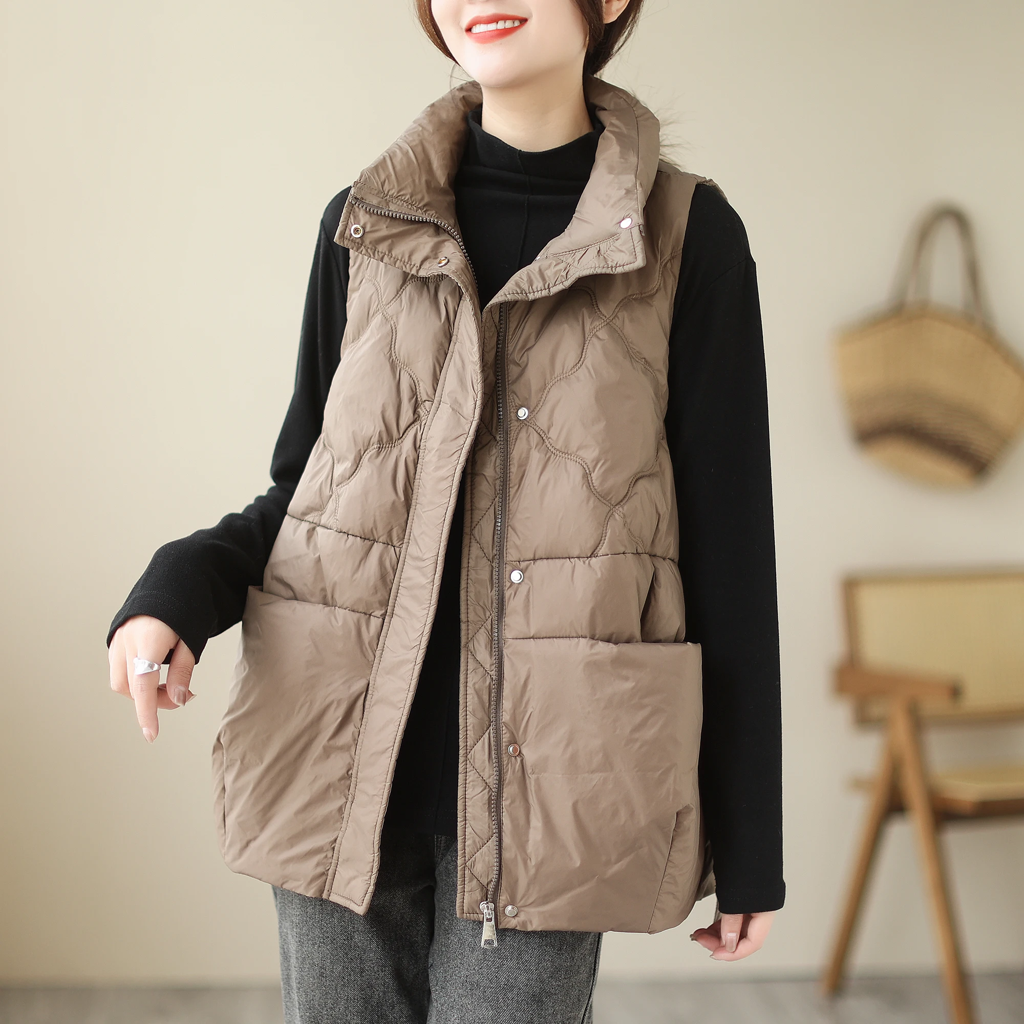 

Faionable Thiened down Cotton Vest Outerwear Women's Loose Casual Warm Stand Collar oulder Pad Autumn Winter Top