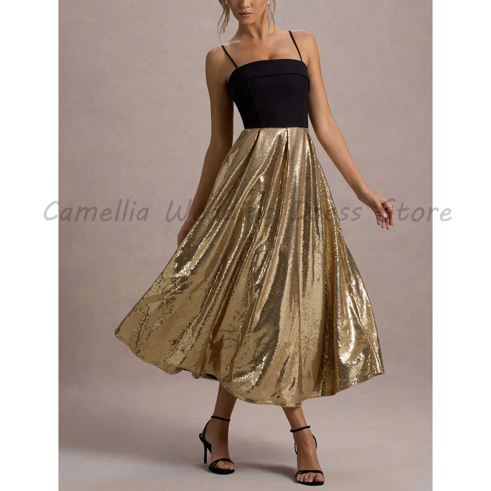 

Black Gold Spaghetti Strap Sequined A-Line Midi Dress For Bride Wedding Reception Toast Formal Party Evening Gown