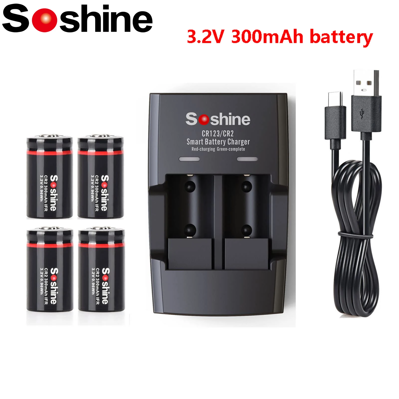 Soshine CR2 Rechargeable Battery and Charger 3.2V 300mAh LiFePo4 Battery for Rangefinders Telescopes Electric Toys Smoke Alarms