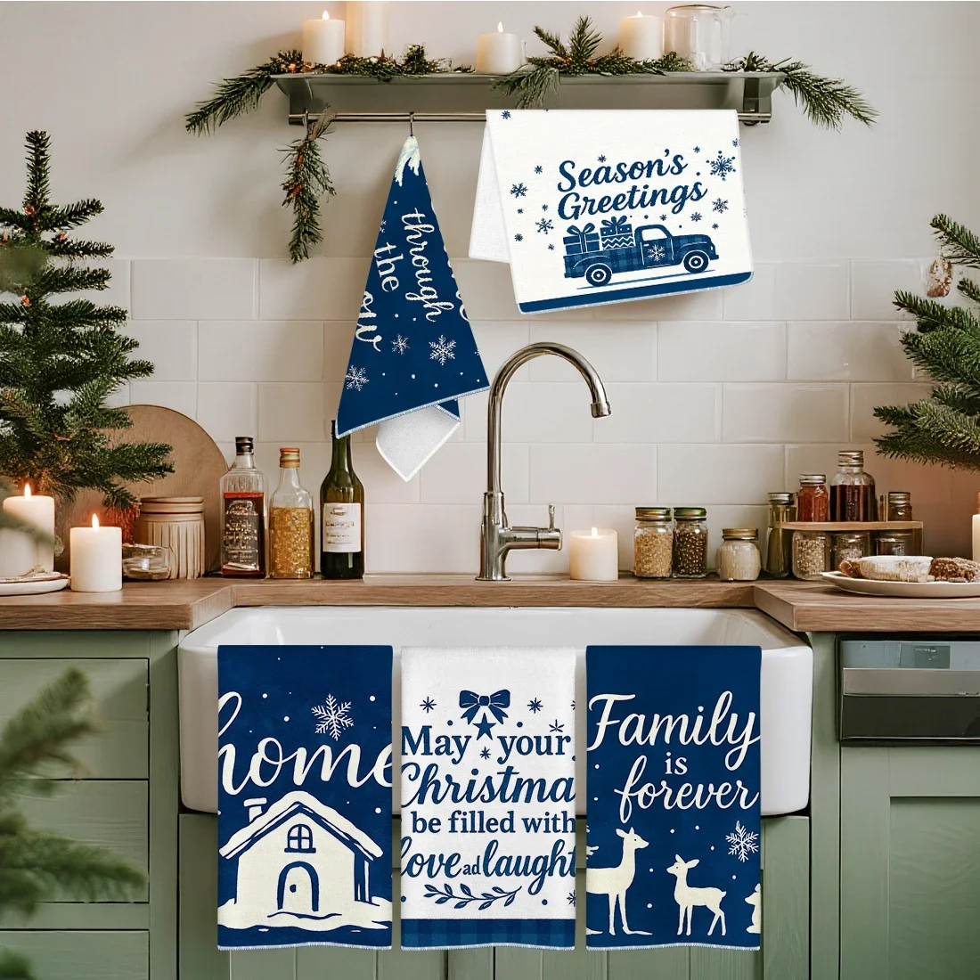 2/4/6pcs set Kitchen Towels Merry Christmas Blue Christmas TreeHand Towels Christmas Decorations for Home Noel Dish Towels Gifts