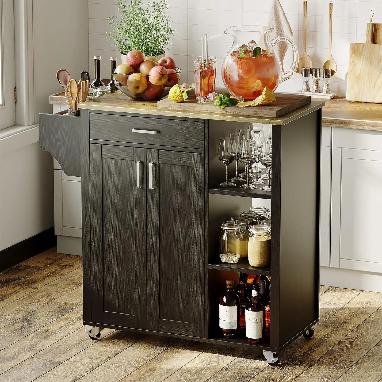 Mobile Kitchen Island Cart Wood Kitchen Island with Storage Mobile Kitchen Island with Spice Rack& Drawer & Open Shelves