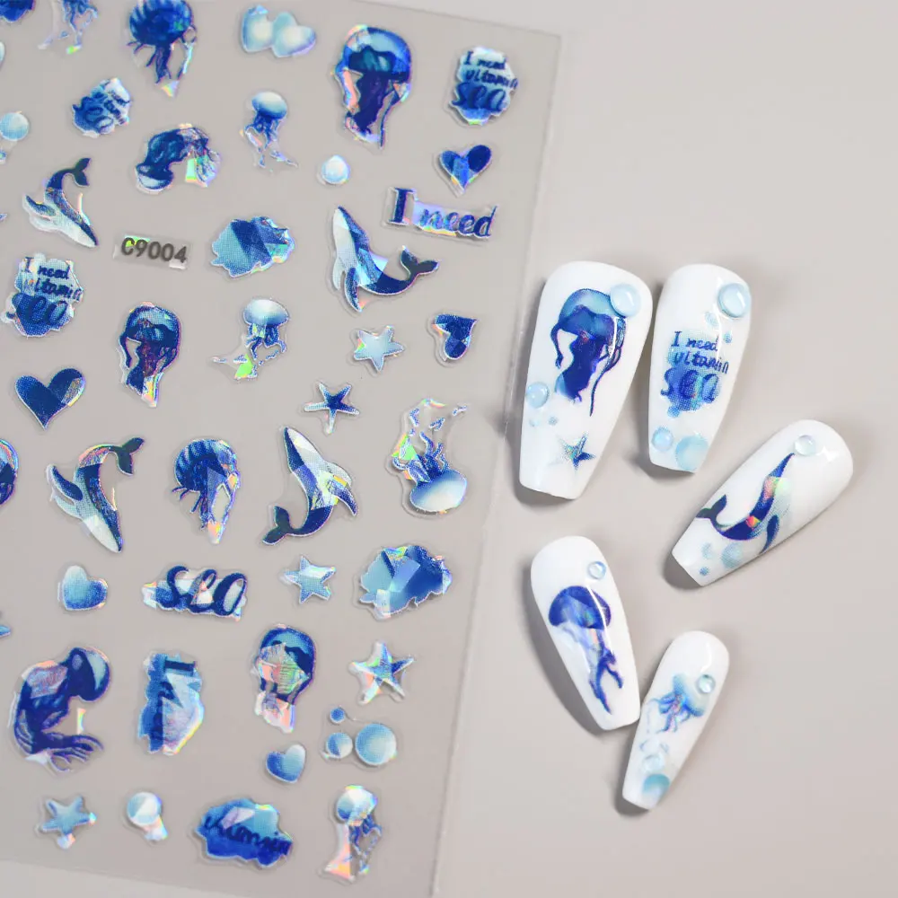 1/4PC Holographic Jellyfish Dolphin Nail Art Stickers 3D Mermaid Ocean Shell Nail Decals Adhesive Ocean Beach Designs Nails 10*8