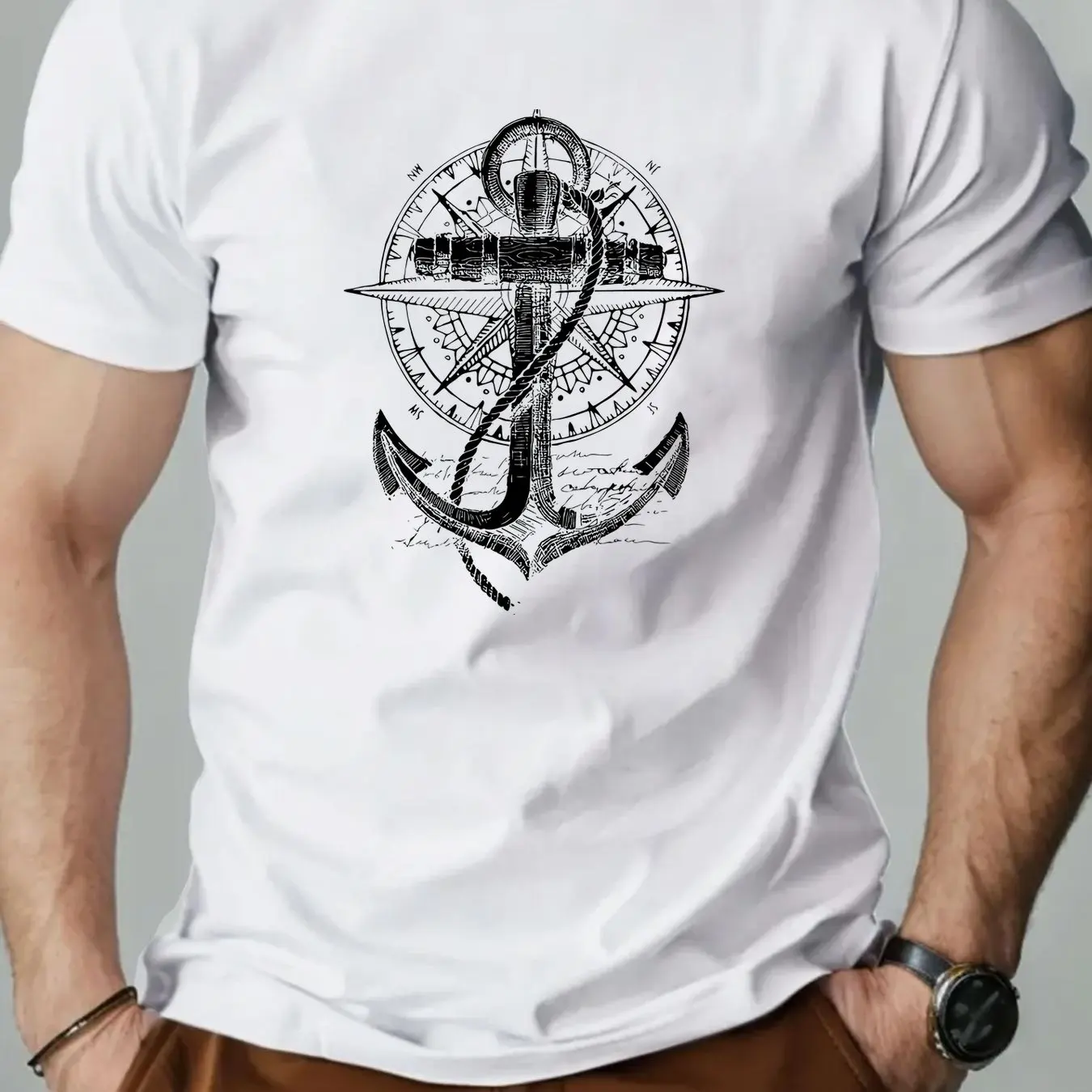 Men's Sailboat Anchor Pattern T-shirt 100% Cotton Printed T-shirt Beach Simple Casual Loose Comfortable T-shirt