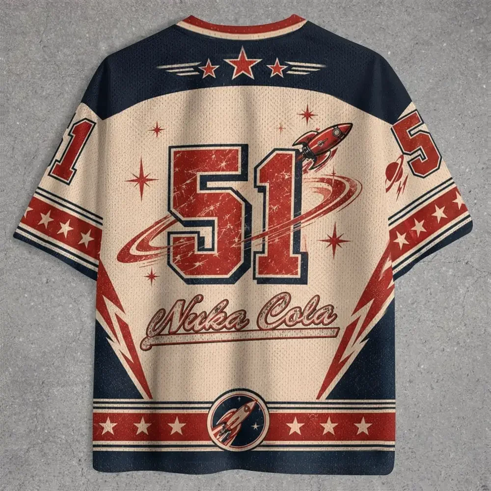 2026 Herren Nuka Cola Retro Space Grafik-Jersey, Vintage 50er Jahre Americana 3D-Druck V-Ausschnitt Kurzarm-Oberteil, Gamer Streetwear Party T-Shirt – Detail 4