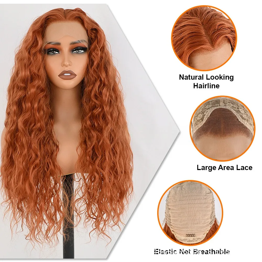 28 Inch Water Wave Copper Red Lace Front Wig, Cosplay