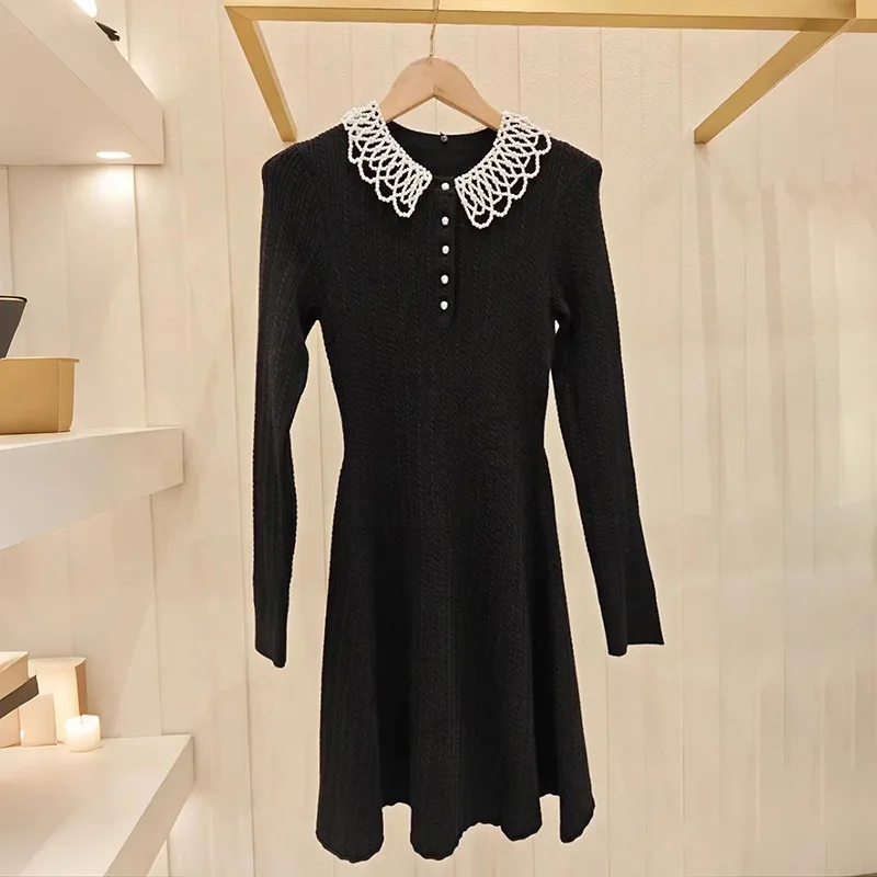 

【Gift Free】2025 Fall Winter French Retro Beaded Peter Pan Collar Contrast Hepburn Style Cable-Knit Slim Dress
