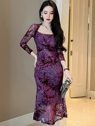 Spring Elegant Party Dresses for Women Vintage Purple Mesh Fishtail Dress Bodycon Robe Female Prom Lady Clothes Date Vestidos