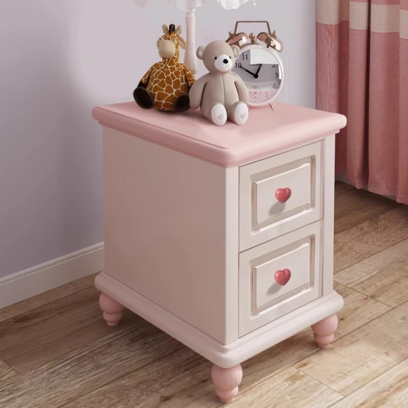 Pink Solid Wood Nightstand Princess Style Bedside Table 10/15/20cm Compact Storage Cabinet for Girl's Bedroom Storage Drawer
