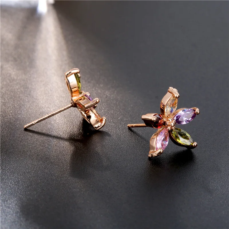 Women\'s Fashion Multicolor Zirconia Stud Earrings Colorful Rhinestone Prong Romantic Rose Gold Flower Earring Jewelry Best Gifts